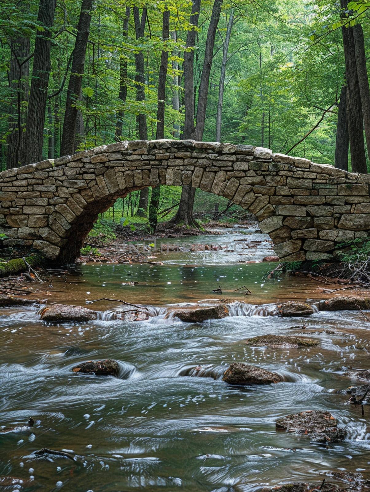 Arched Stone Bridge Spanning a Tranquil Forest Stream, The stones blur with the water, an enduring path over whispering waters.