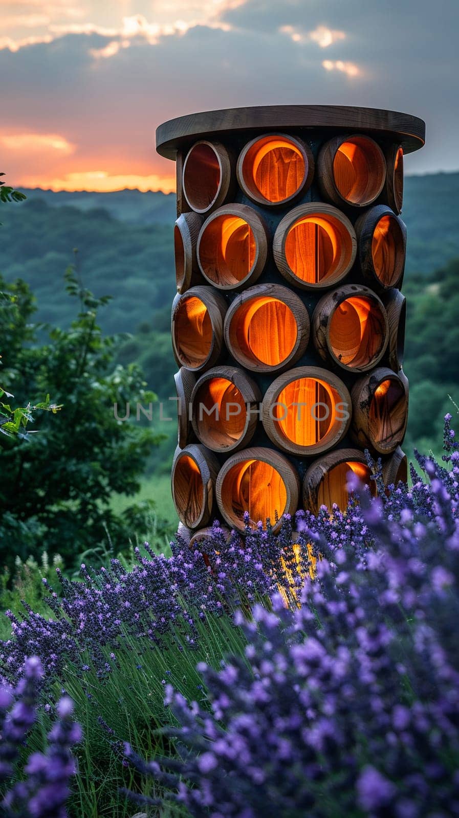 Honeycomb Patterned Stand in a Field of Wild Lavender, The structure blends with the natural setting, perfect for organic skincare ranges.