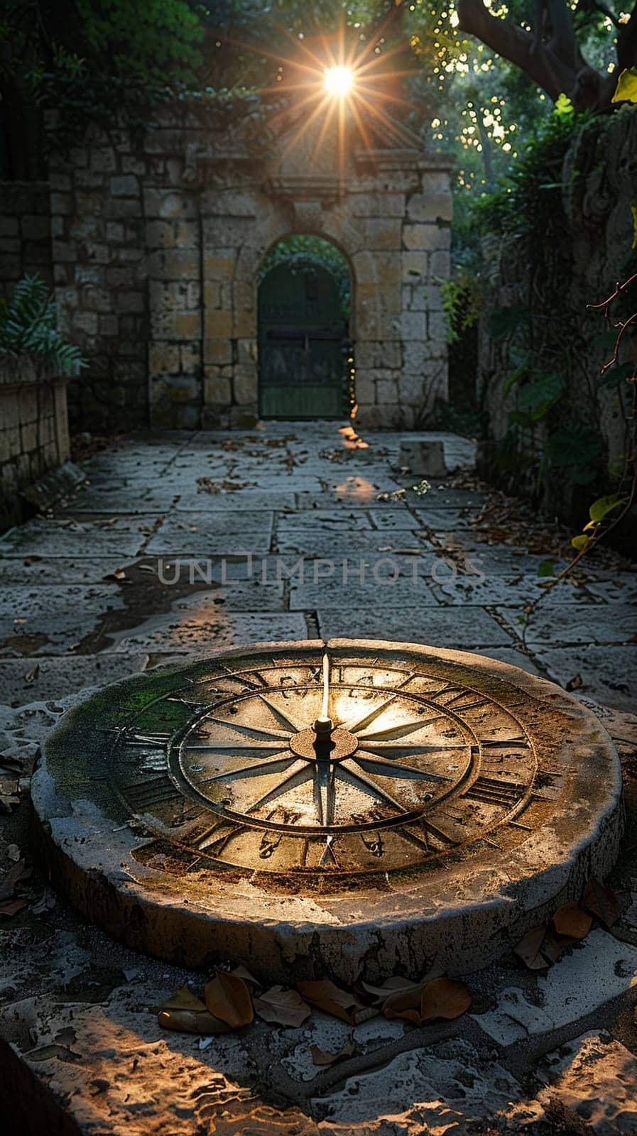 Sundial Casting Time's Shadow on a Sundrenched Patio, The gnomon blurs with the stone, ancient timekeeping amid modernity.