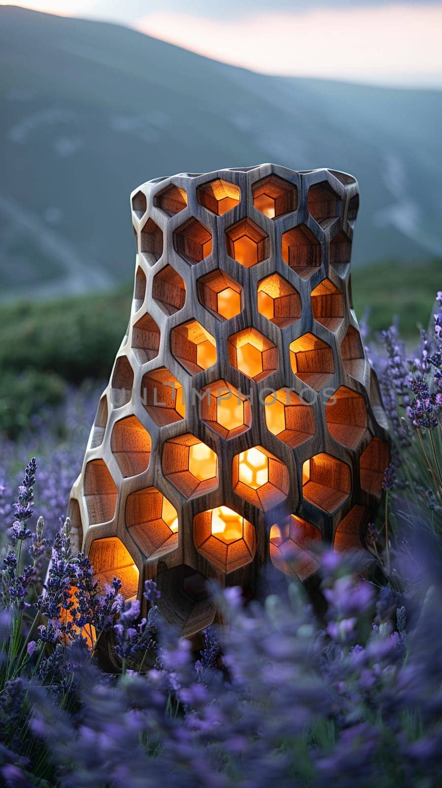 Honeycomb Patterned Stand in a Field of Wild Lavender, The structure blends with the natural setting, perfect for organic skincare ranges.