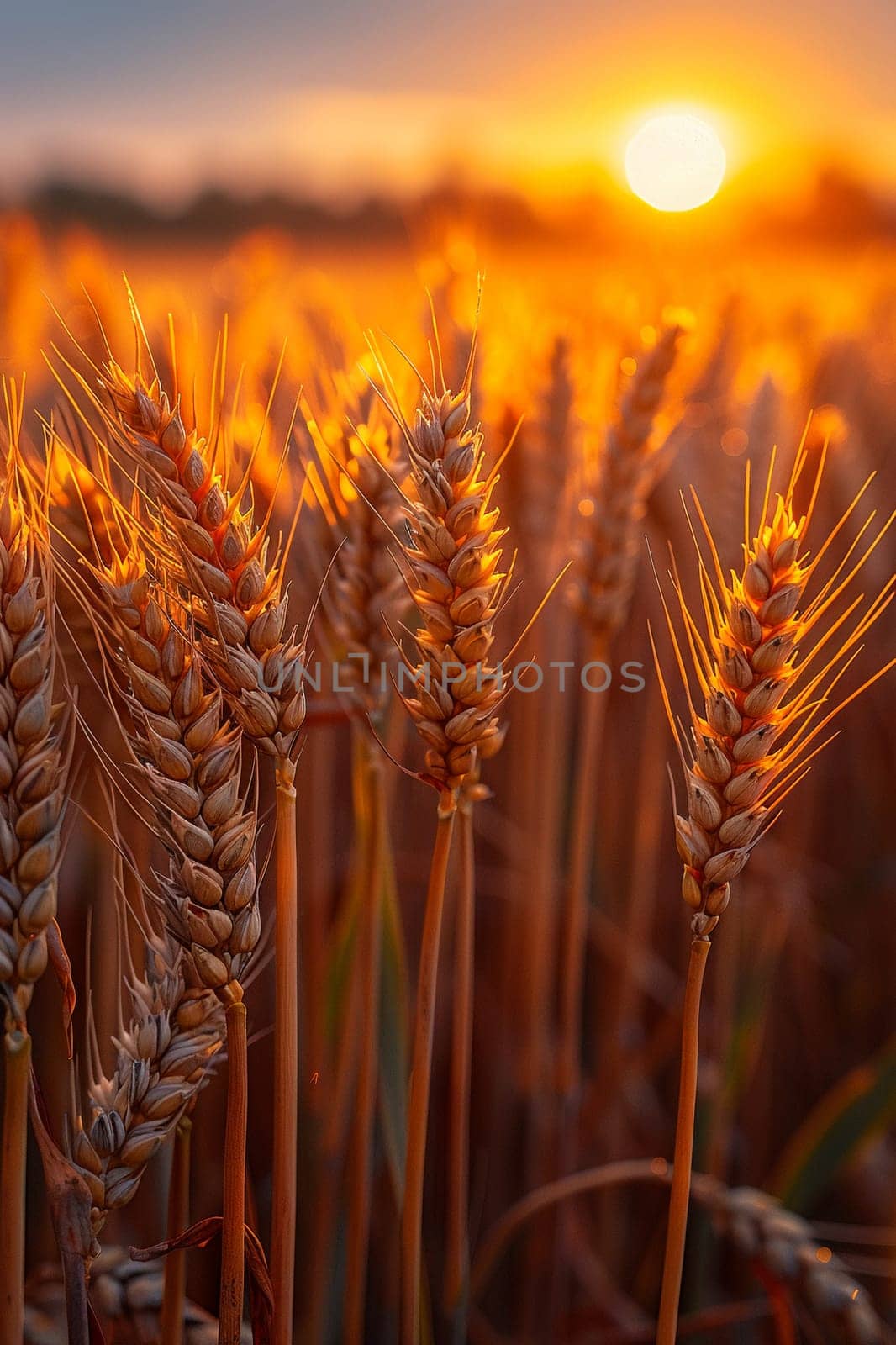 Golden Hour Over a Field of Wheat Ready for the Harvest, The light blurs with the grain, the earth basking in the day's last warmth.