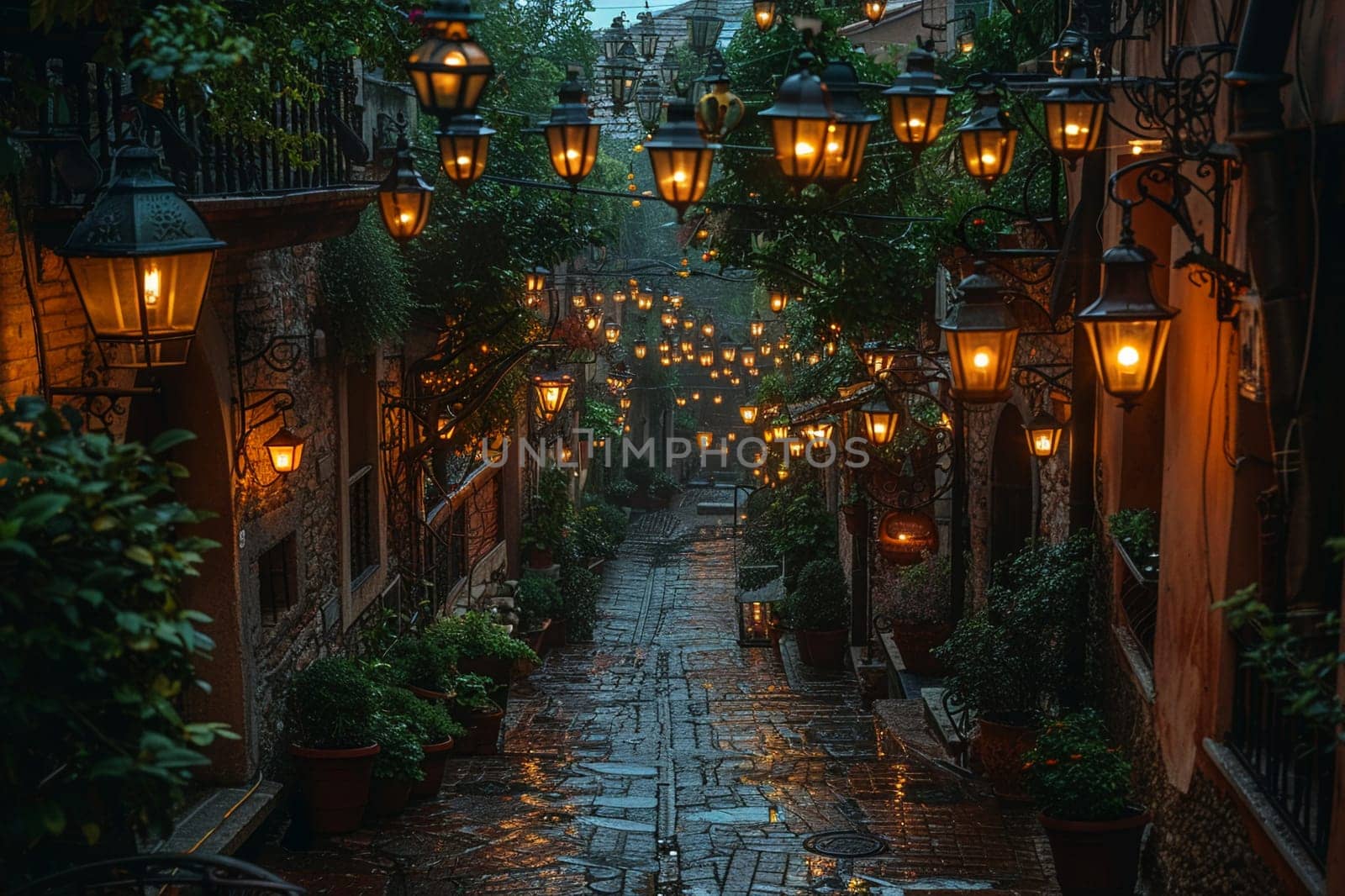 Lantern-lit Alleyway in a Historic European Town The light blurs with the bricks by Benzoix