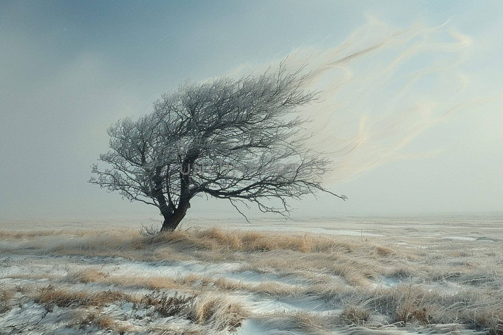 Windswept Prairie with a Lone Cottonwood Tree The branches blur with the grass by Benzoix
