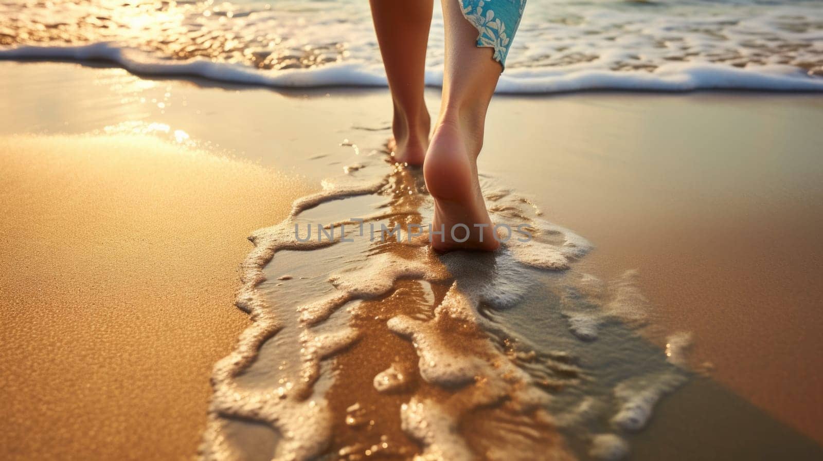 woman walking on the beach, Wet shoreline sand with barefoot prints, ai by rachellaiyl