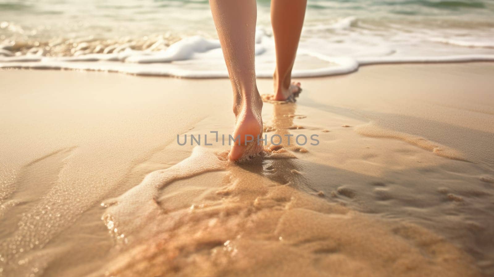 woman walking on the beach, Wet shoreline sand with barefoot prints, ai