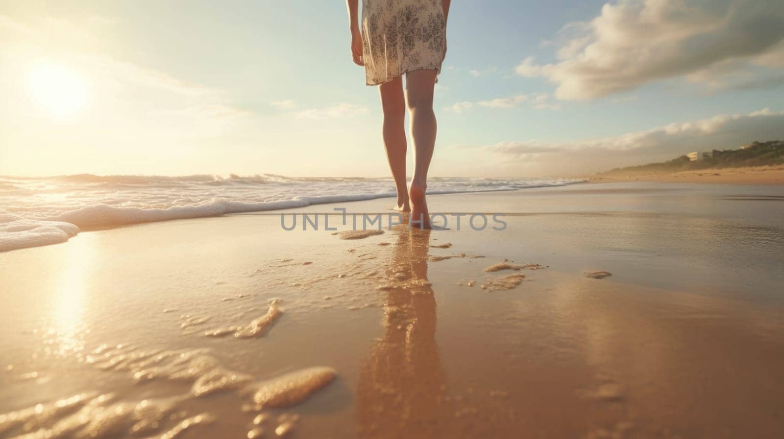 woman walking on the beach, Wet shoreline sand with barefoot prints, ai