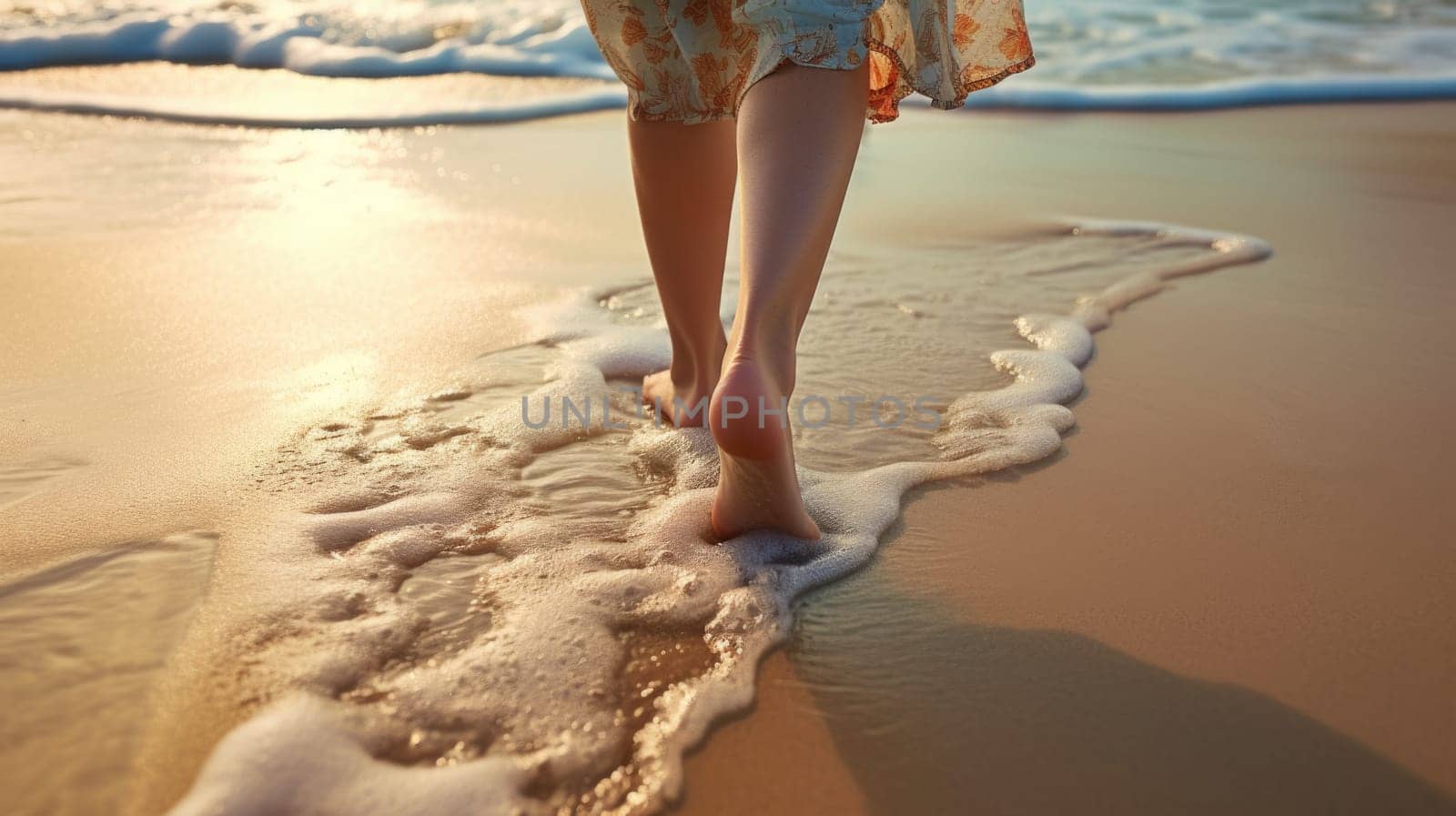 woman walking on the beach, Wet shoreline sand with barefoot prints, ai