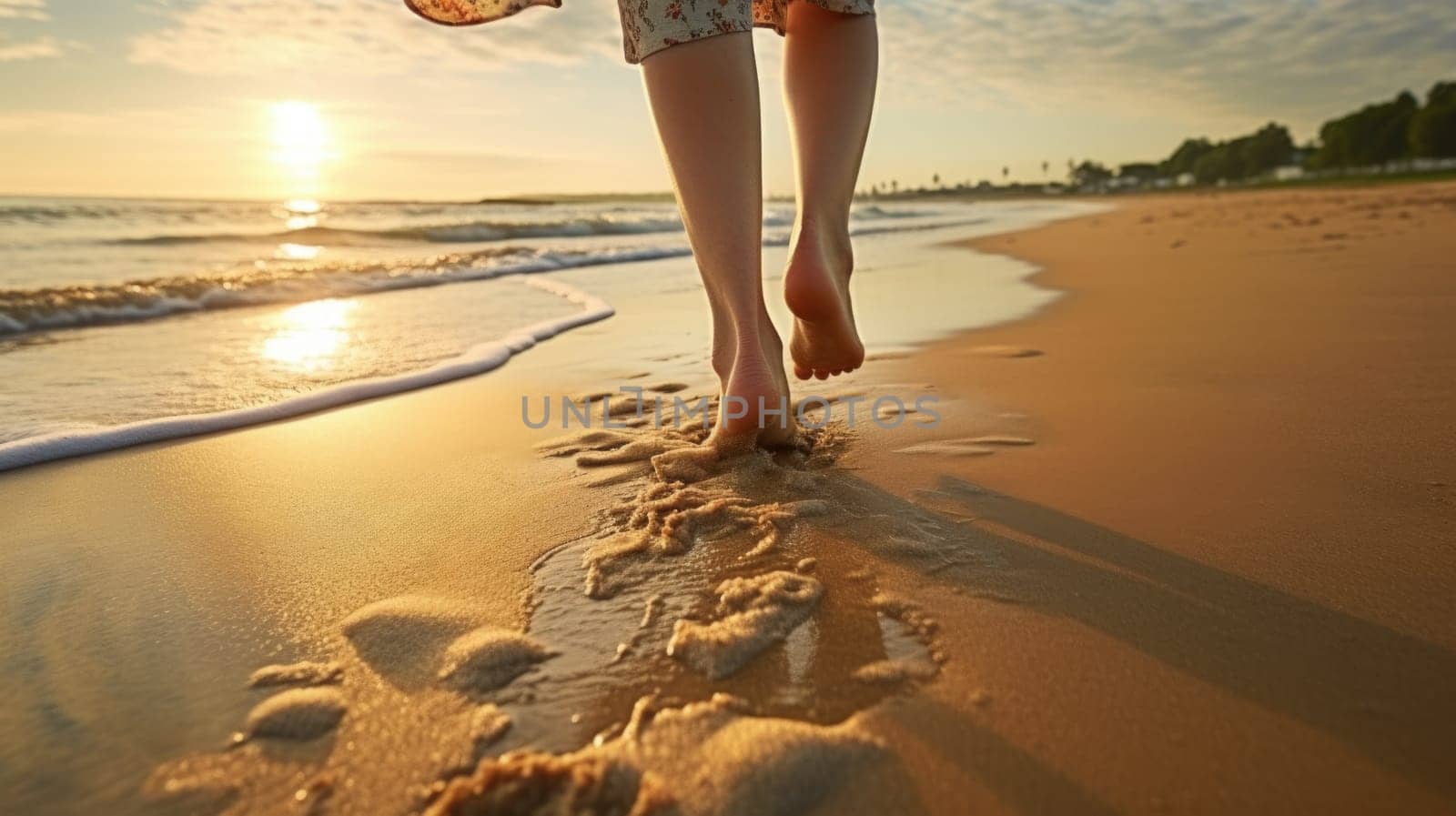 woman walking on the beach, Wet shoreline sand with barefoot prints, ai