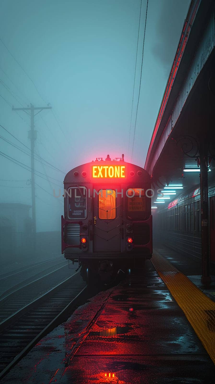 Vintage Train Car Waiting on Foggy Tracks at Dawn The steel blurs with the mist by Benzoix
