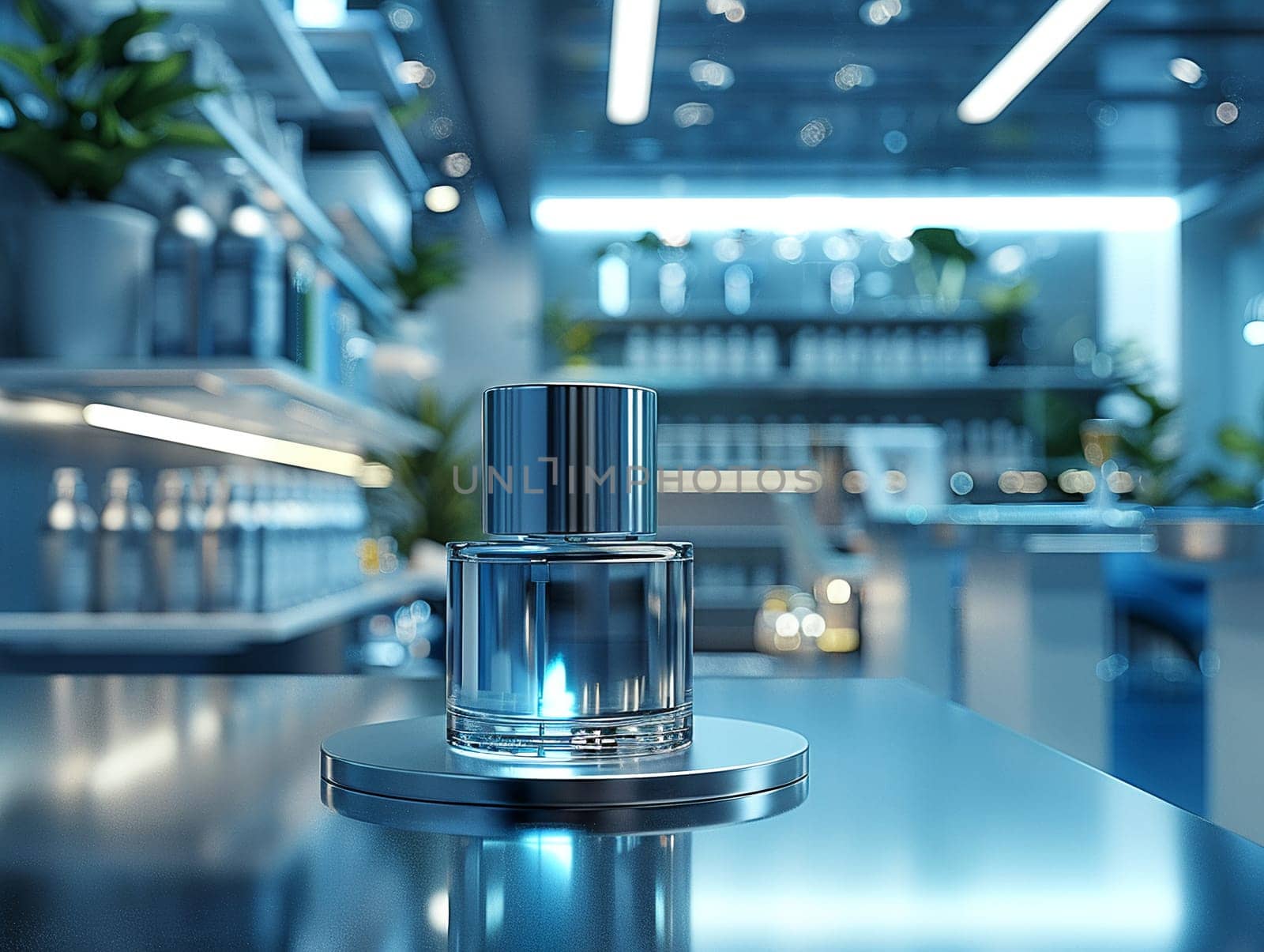 Brushed Titanium Stand in a Blurred High-Tech Laboratory, The metal podium merges with the science setting, fitting for advanced skincare solutions.