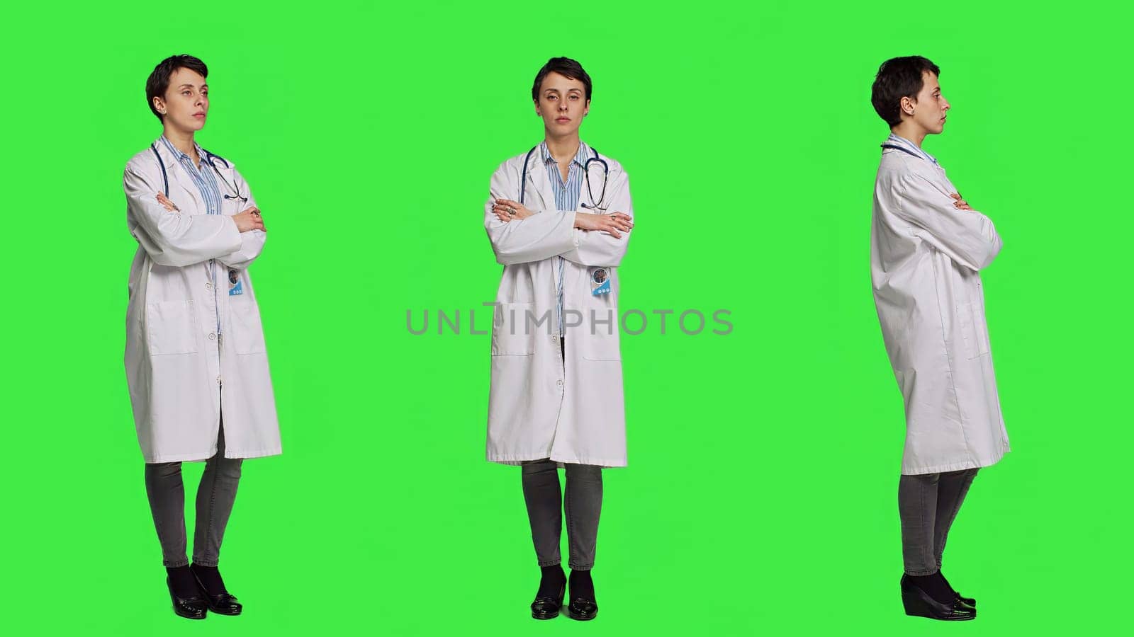 Woman medic posing with arms crossed in a white coat, feeling confident and successful with her medical career and expertise. Doctor having a stethoscope standing against greenscreen. Camera A.