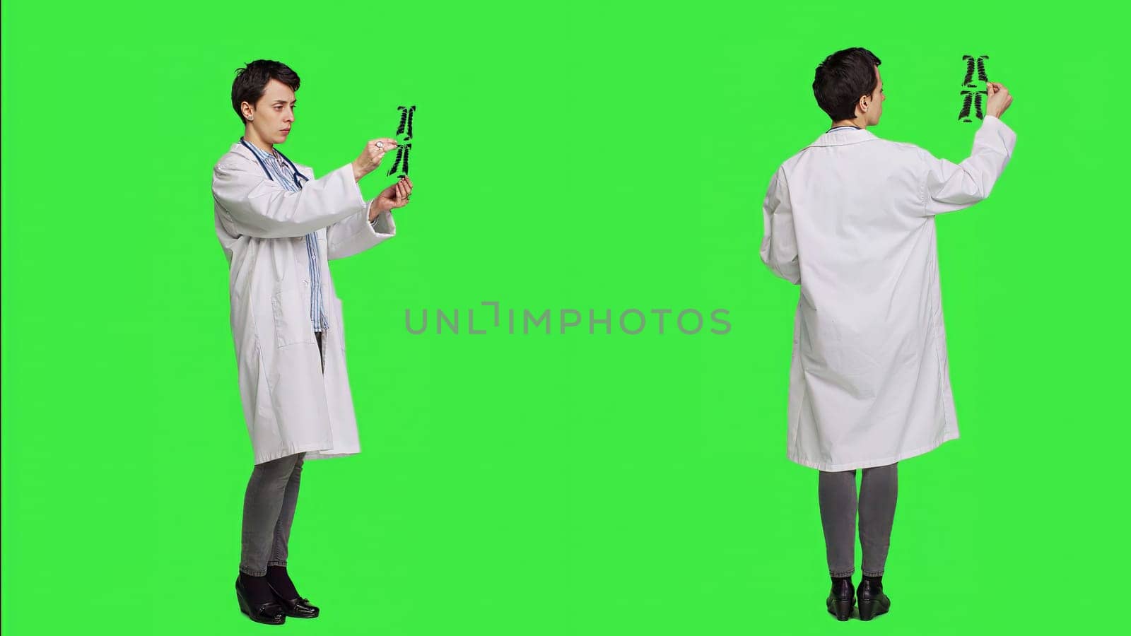 General practitioner examining radiography scan against greenscreen backdrop by DCStudio