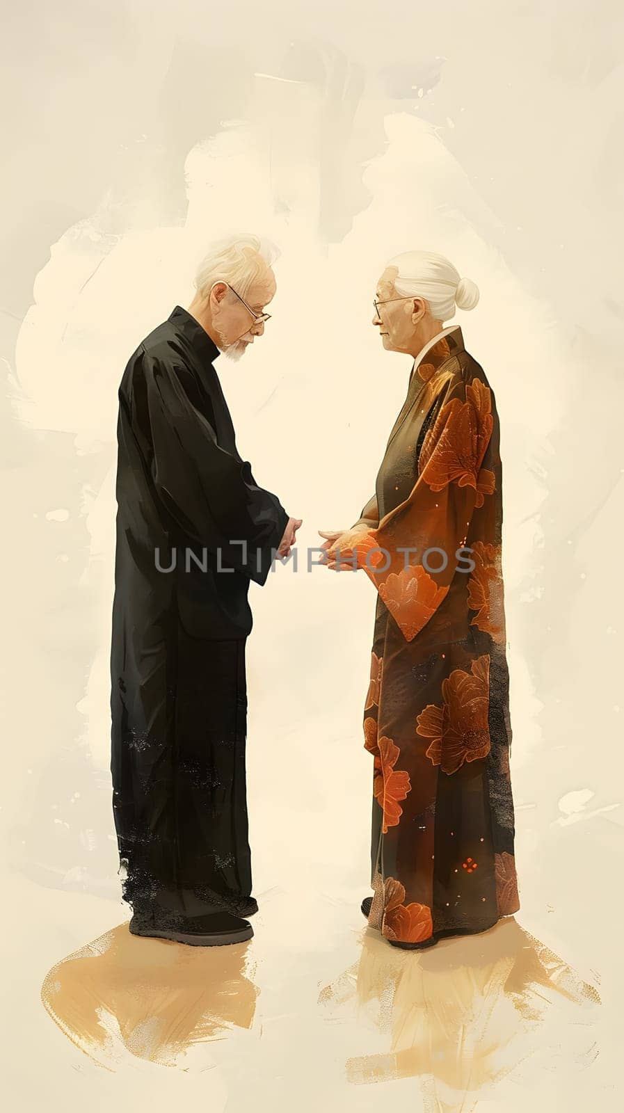 A man and a woman in formal wear are standing next to each other, holding hands. Their gesture of sharing this special moment together is like a beautiful painting in the visual arts