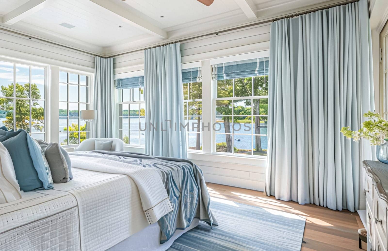 Beautiful interior of luxury bedroom with window sea view. Coastal cottage concept. High quality photo