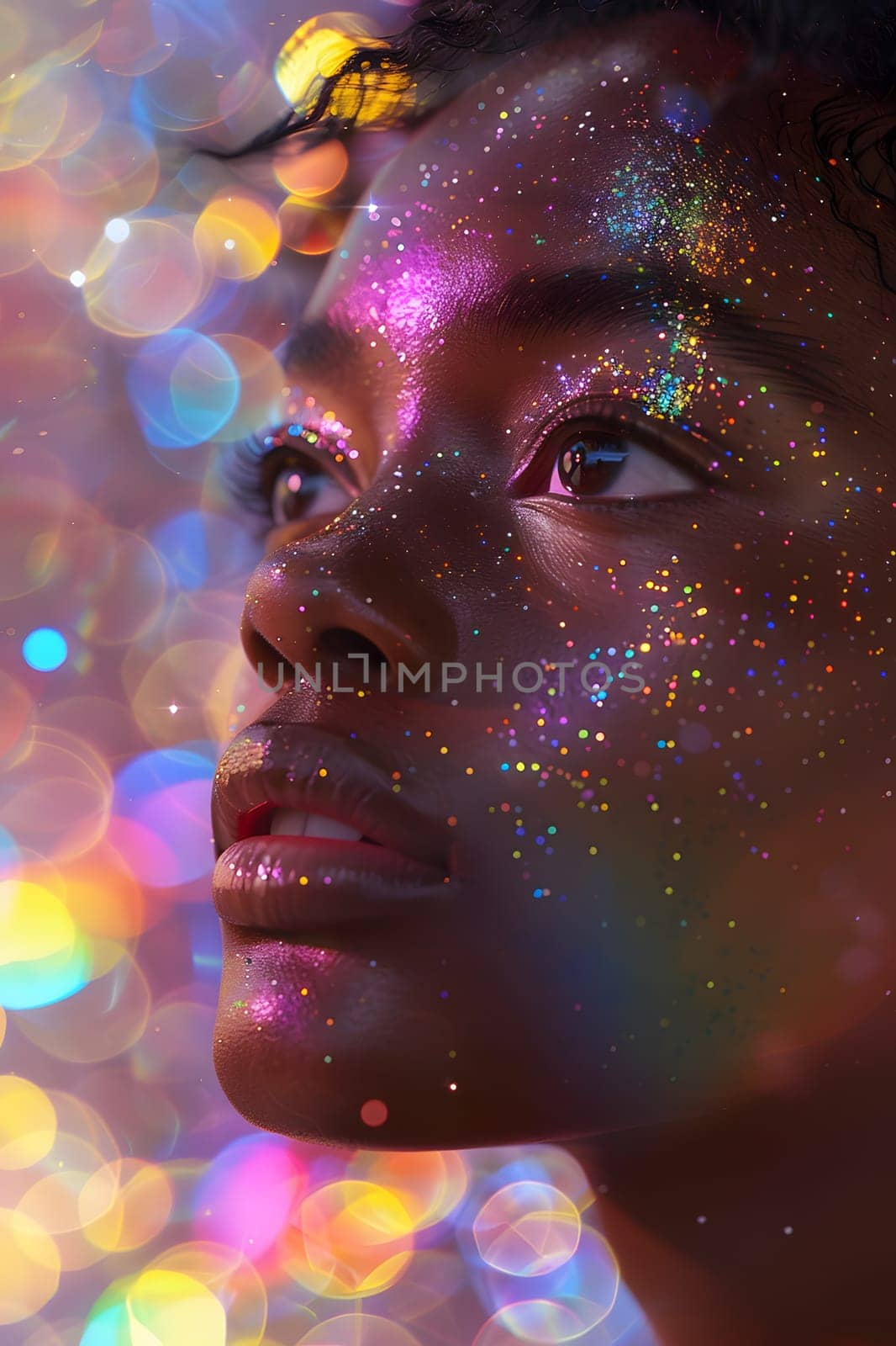 An artistic close up of a womans jawline painted with magenta and electric blue glitter, creating a vibrant and fun look for an entertainment event