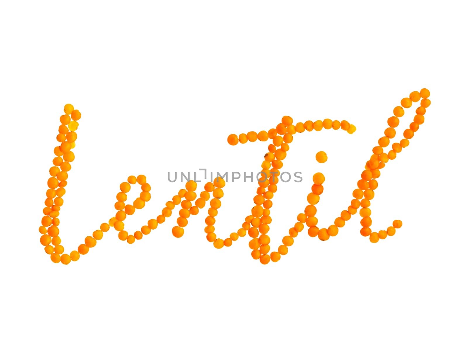 Word Lentil made from raw grains, isolated on white background with clipping path. Lentil in form of word. Healthy food and vegan concept.