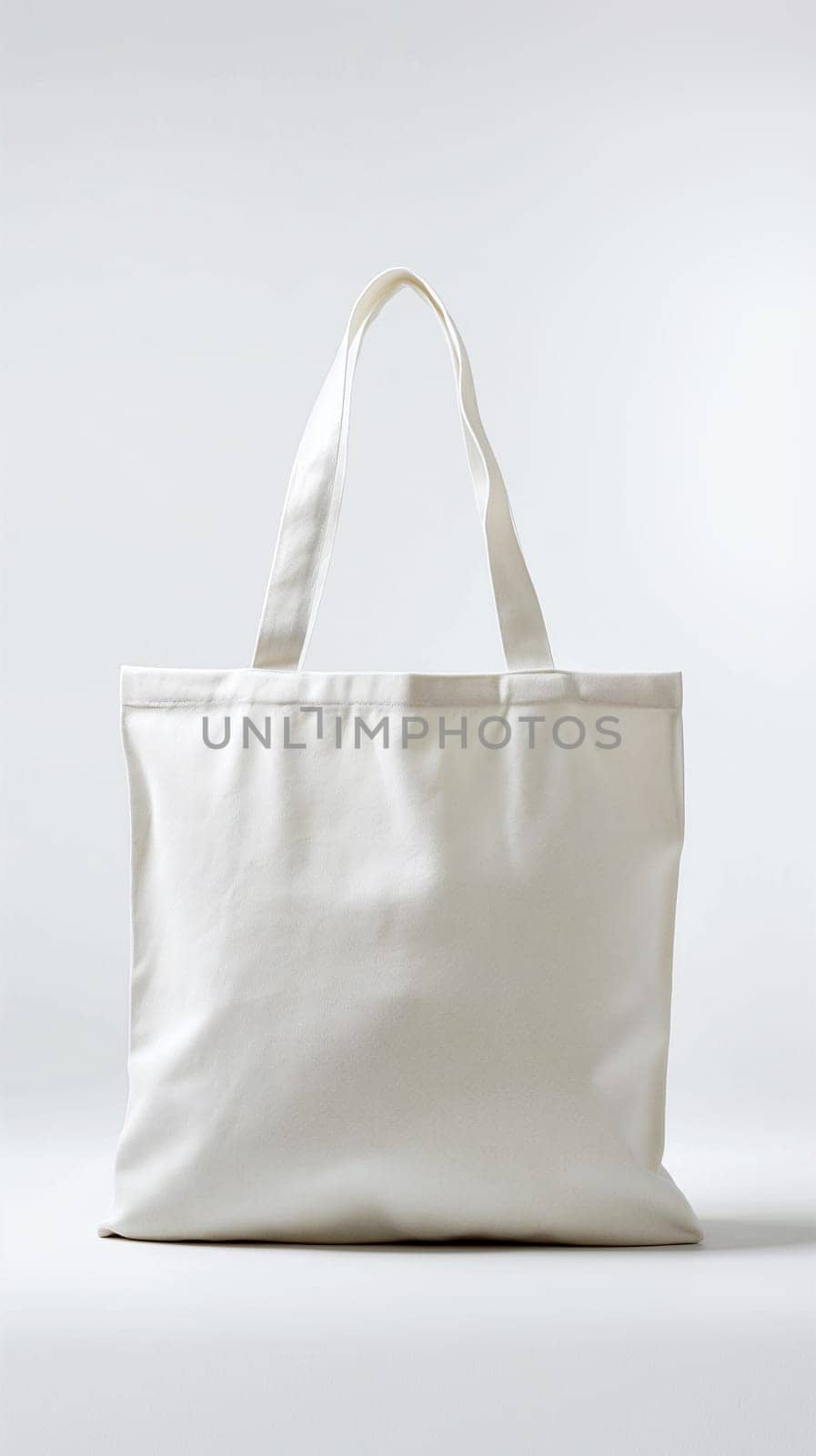 Empty, white canvas tote bag stands against a white seamless background, ideal for branding mockups