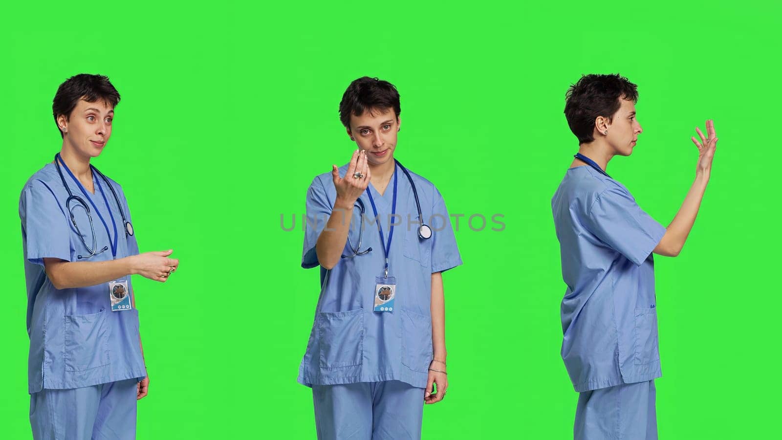 Medical assistant asking a person to come over closer against greenscreen by DCStudio