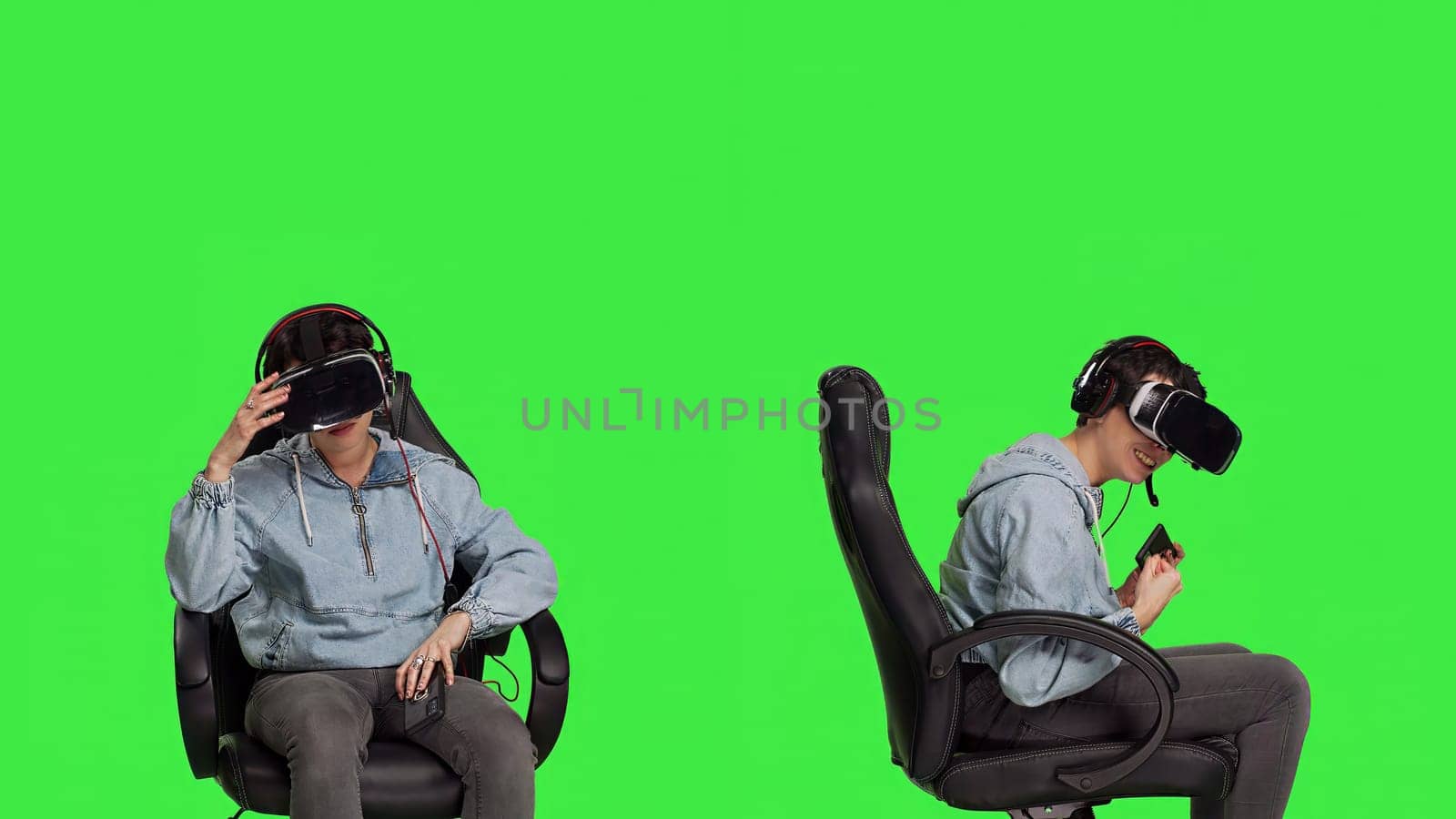 Woman gamer losing and winning at mobile video games against greenscreen by DCStudio