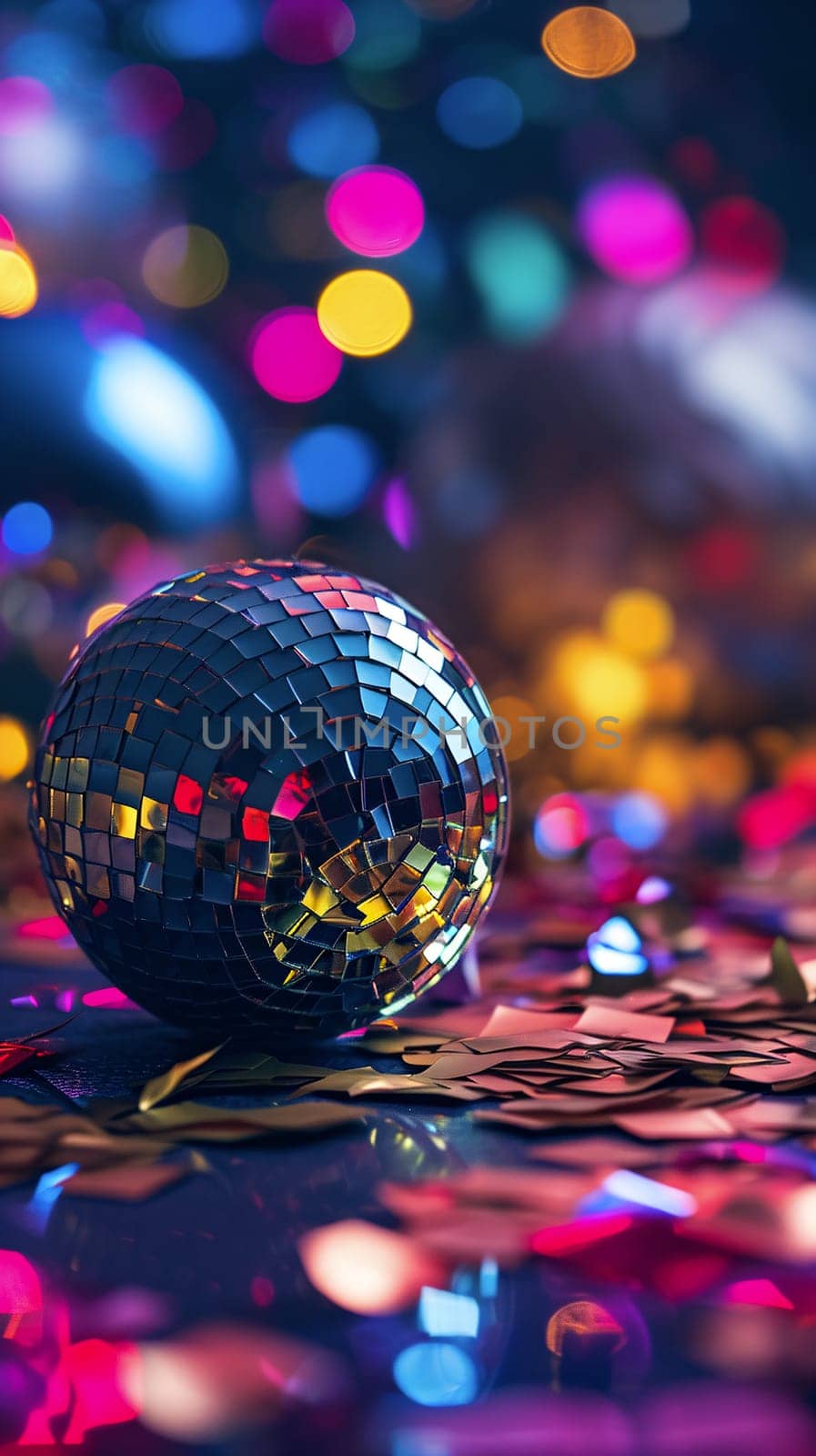Small glittering disco ball surrounded by scattered confetti, illuminated by vibrant bokeh light effects in the background that evoke a festive and lively atmosphere - Generative AI