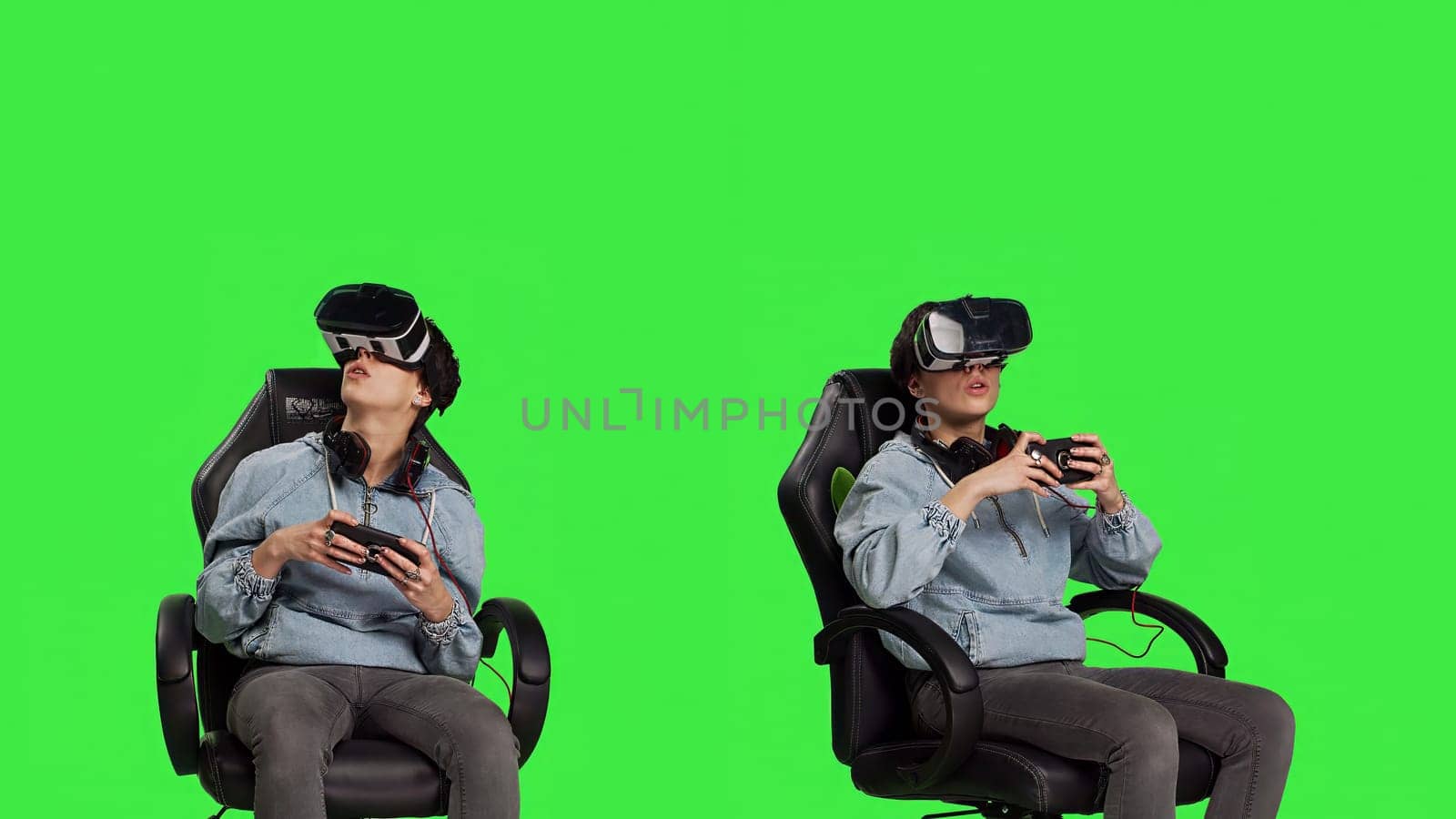Player enjoying cyberspace gaming competition with vr glasses on smartphone by DCStudio