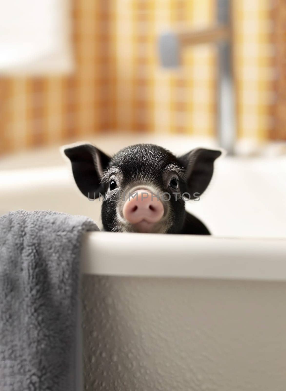 Cute Black Mini Pig, Piglet Taking a Bath With Foam, Looking Out of Bath tab. Taking Care Of Pet. Happy Animal. Vertical, Copy space Ai Generated.