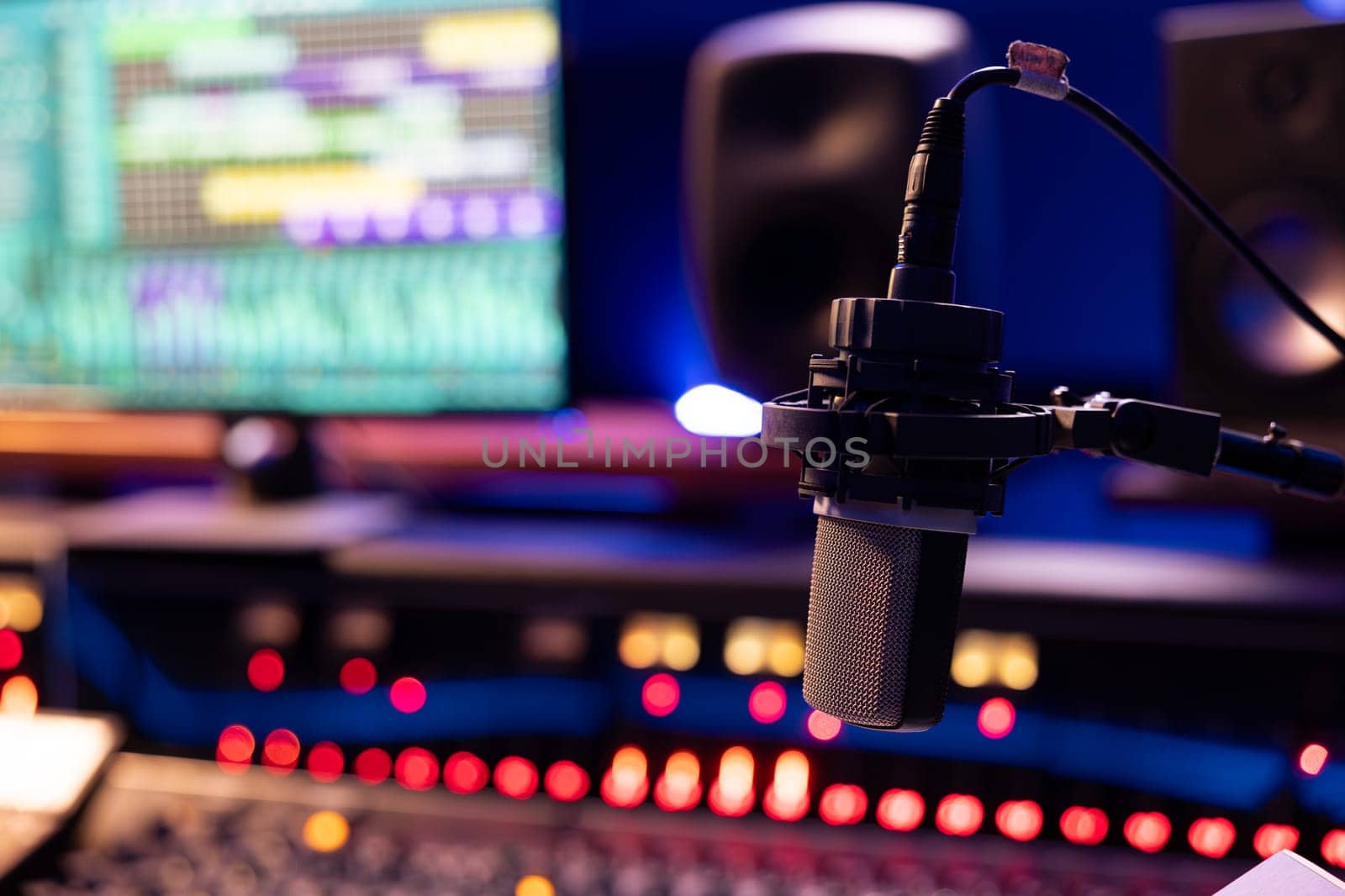Empty control room with professional recording microphone and technical gear by DCStudio