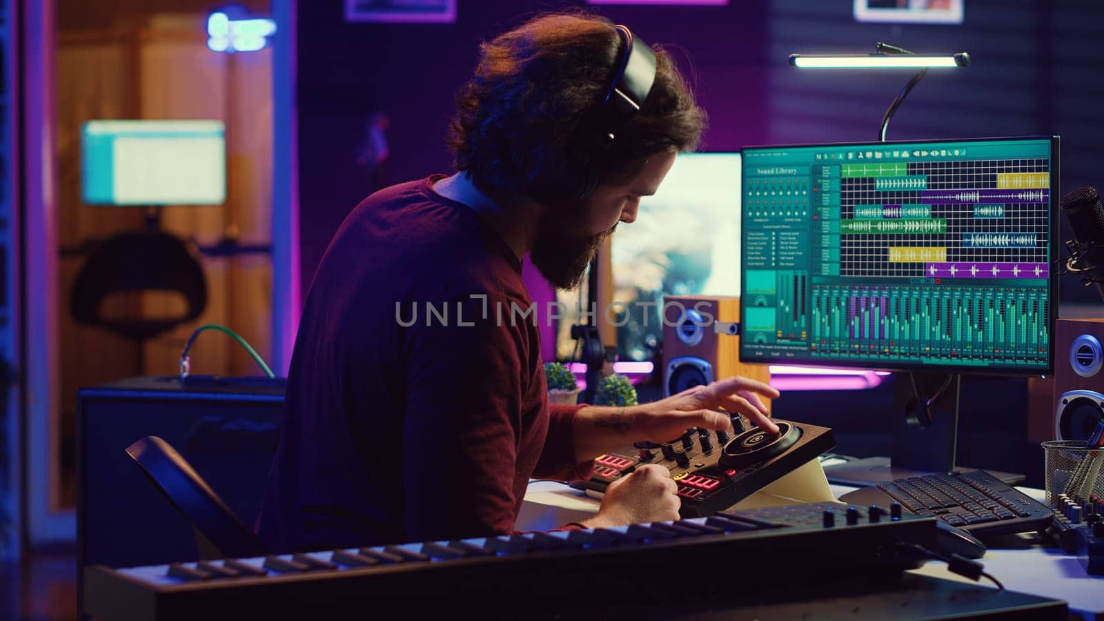 Music engineer using usb stick to edit and add sound effects on audio recording by DCStudio