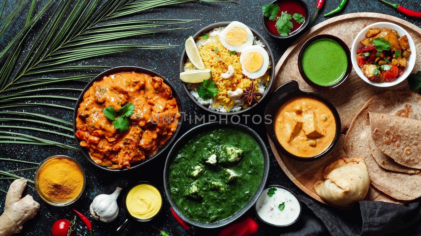 Indian cuisine dishes: tikka masala, paneer, samosa, chapati, chutney, spices. Indian food on dark background. Assortment indian meal top view or flat lay. Copy space for text.