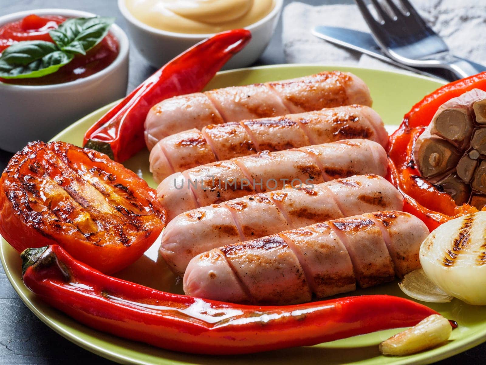 Close up view of chicken homemade sausages with sauces ketchup and mustard. Grilled sausages and grilled vegetables in green plate. Copy space.