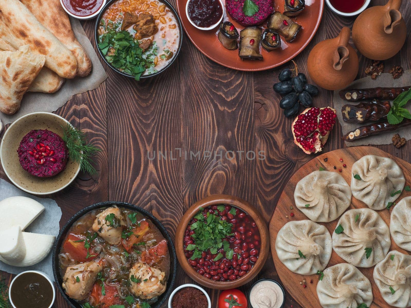 Georgian cuisine on wood table,top view,copy space by fascinadora