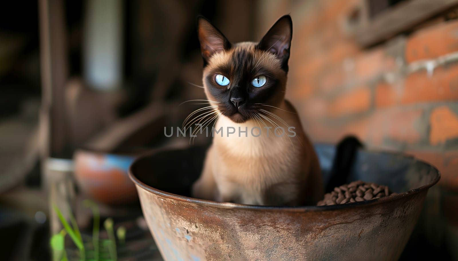 Mockup Playful Beige Dark Siamese Asian Cat Sitting Outdoor on Cottage near House. National Cat Day. Healthy Pet. Ai Generated. Horizontal. Copy Space. Veterinary, Tick, Mite Danger by netatsi