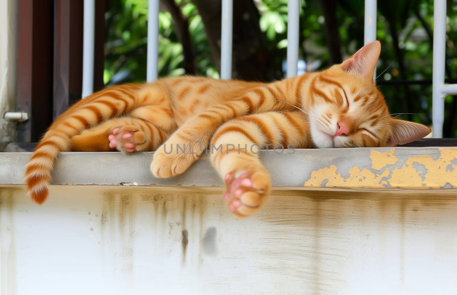 Chilling Relaxed Red Yellow Cat Lying Outdoor in Street. National Cat Day. Happy Sleeping Pet. Ai Generated. Homeless Kitty. Horizontal Plane. High Quality Photo