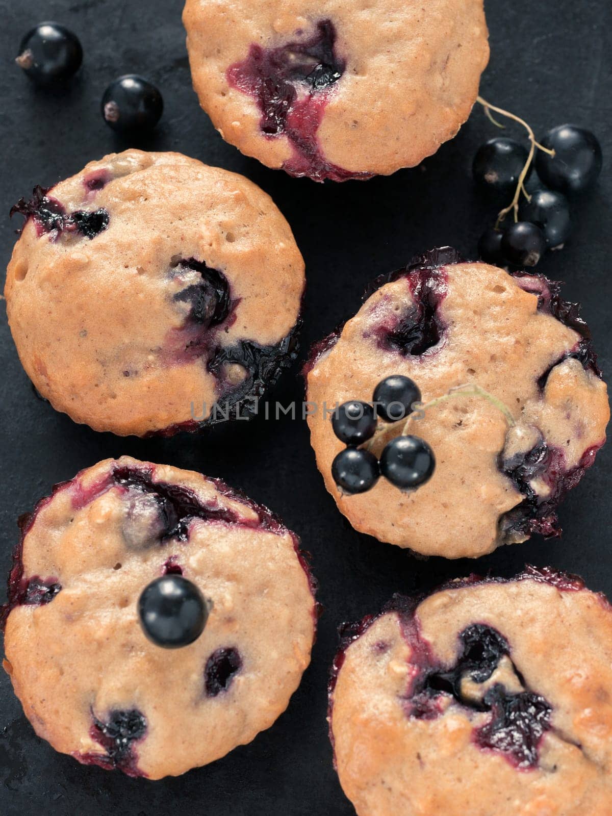 Muffins with black currant on dark background close up. Top view or flat lay
