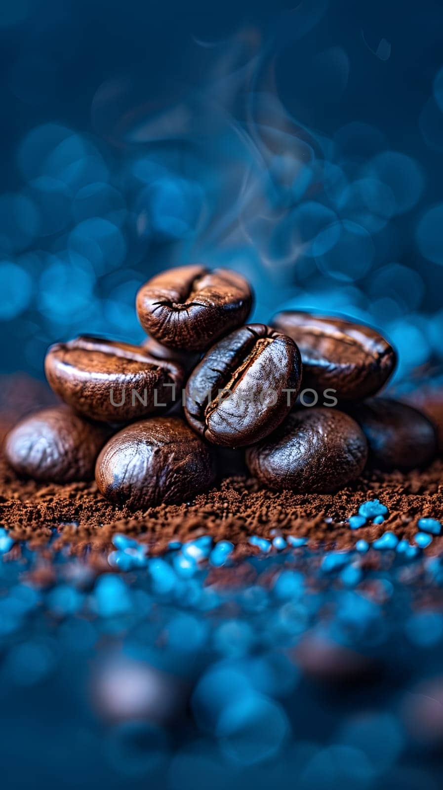 A beautiful still life photography of electric blue singleorigin coffee beans on a bed of freshly ground coffee, showcasing the sweet aroma of this plantbased ingredient
