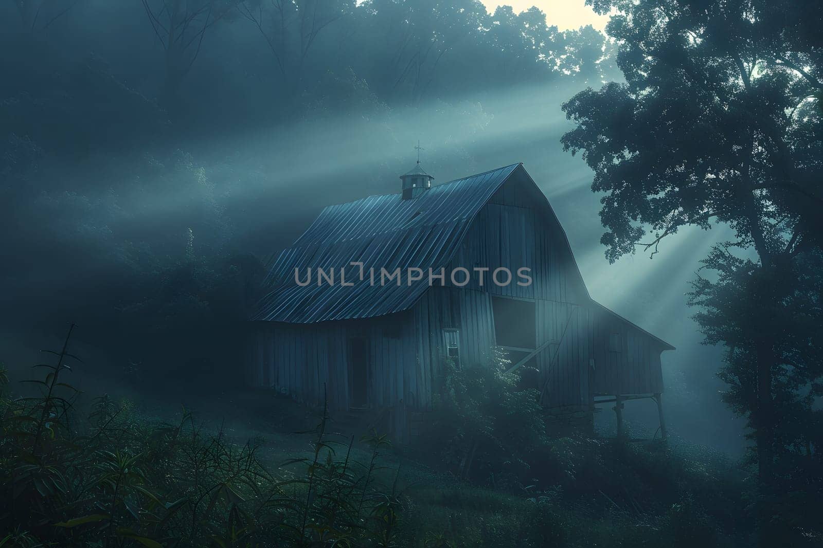 A mysterious atmosphere in a foggy forest with the sun shining through the trees, creating a unique natural landscape filled with mist and darkness