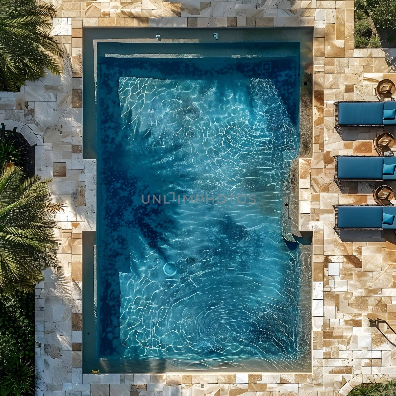 An aerial view of a massive rectangle pool with azure water, surrounded by green plants and wooden facade, creating a tranquil oasis