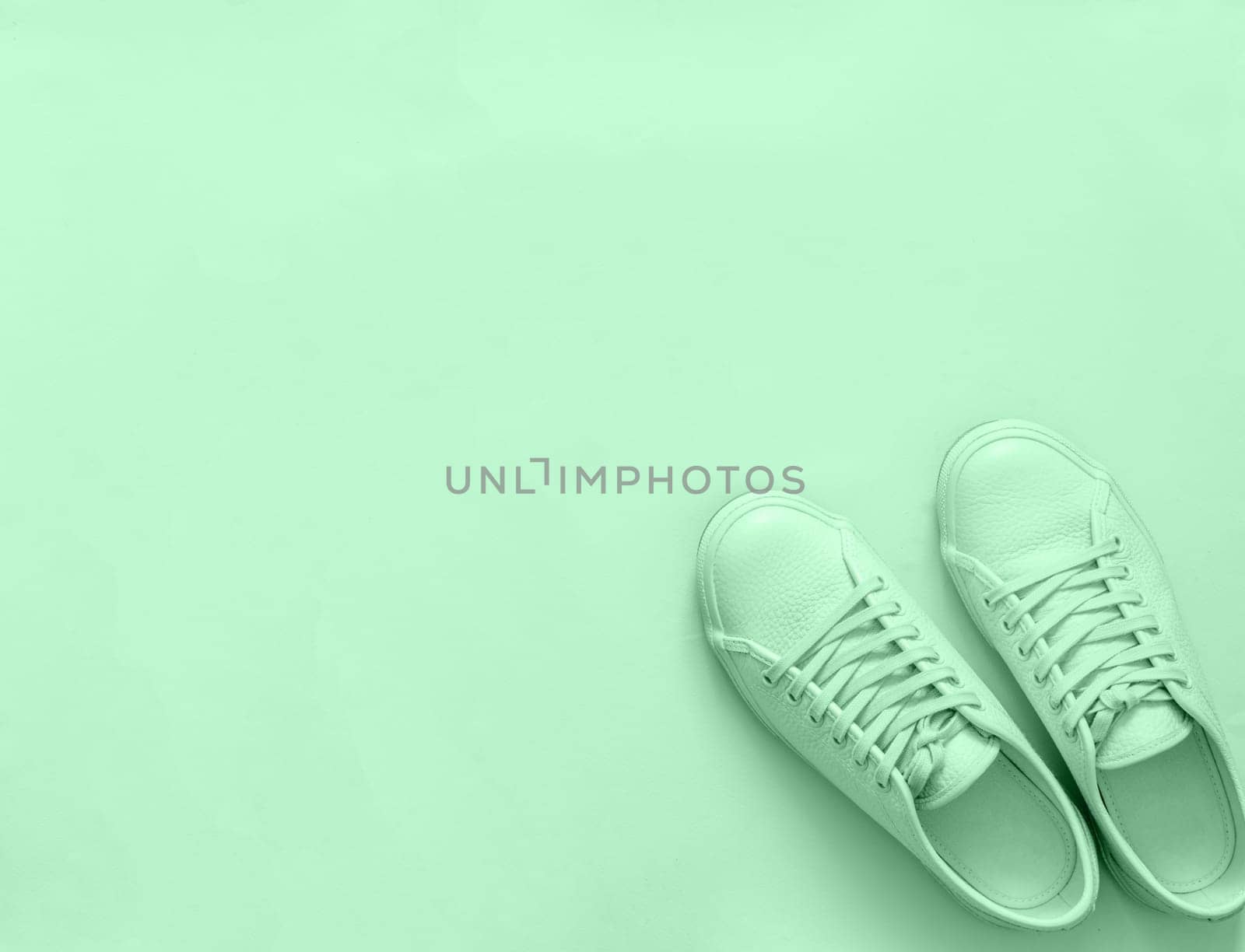 Green leather sneakers on green background. Pair of fashion trendy green sport shoes or sneakers with copy space for text or design. Overhead shot of new green sneakers,monochrome.Top view or flat lay