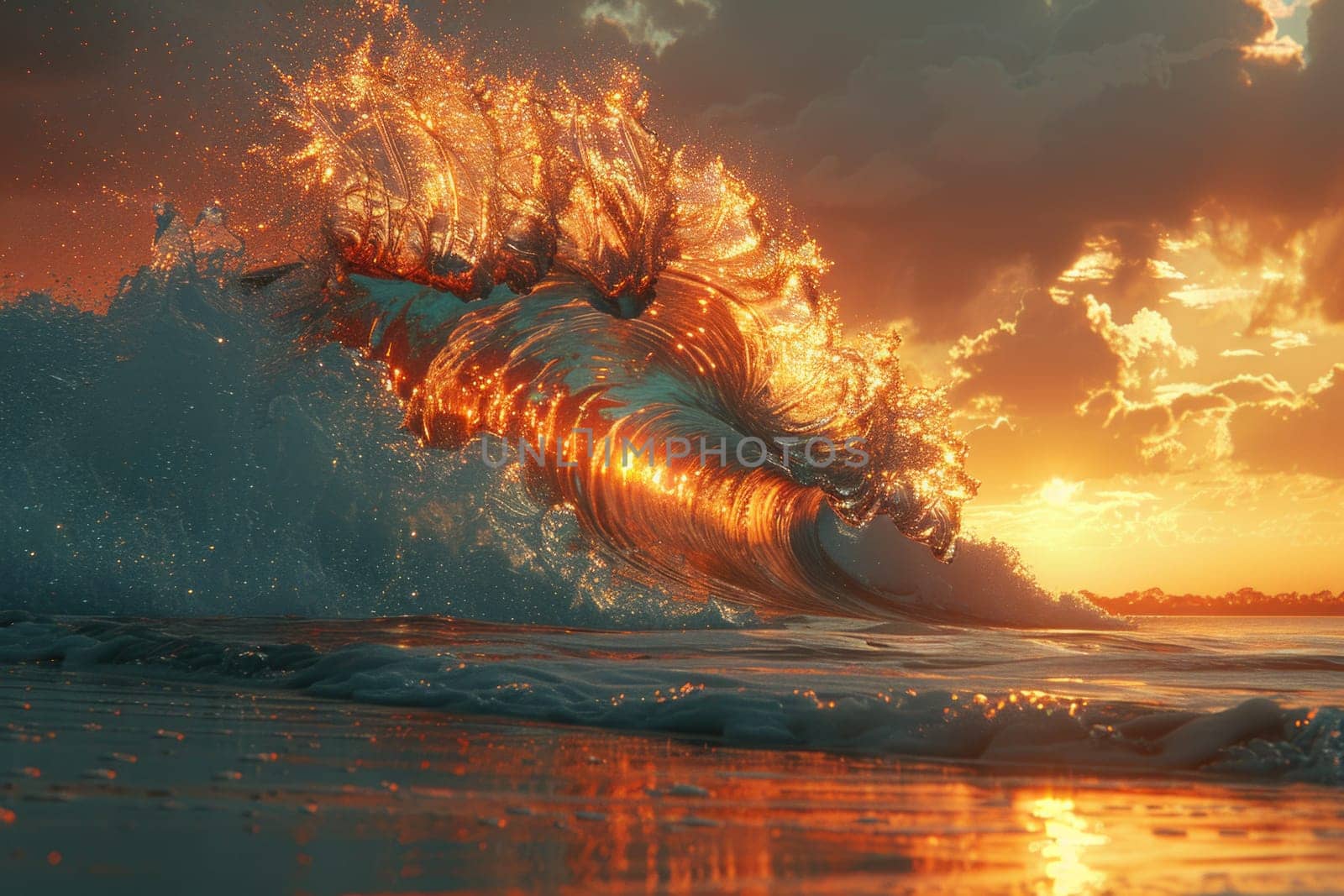 A breathtaking scene unfolds as a colossal wave crashes into the sandy shore under the warm hues of a setting sun, creating a mesmerizing display of power and beauty.