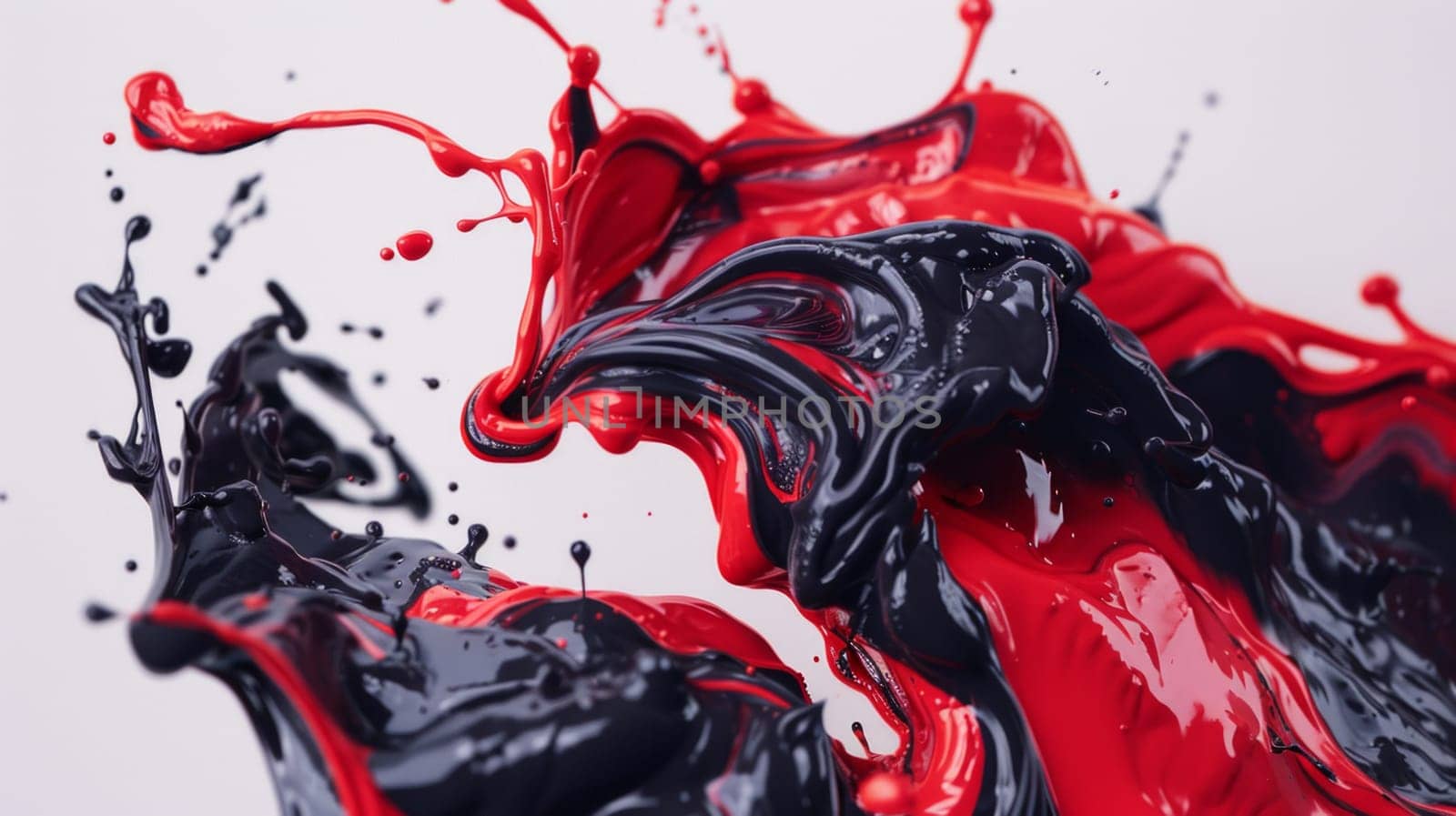 A dynamic collision between red and black liquids, with both splashing and merging in a mesmerizing display of color and movement.