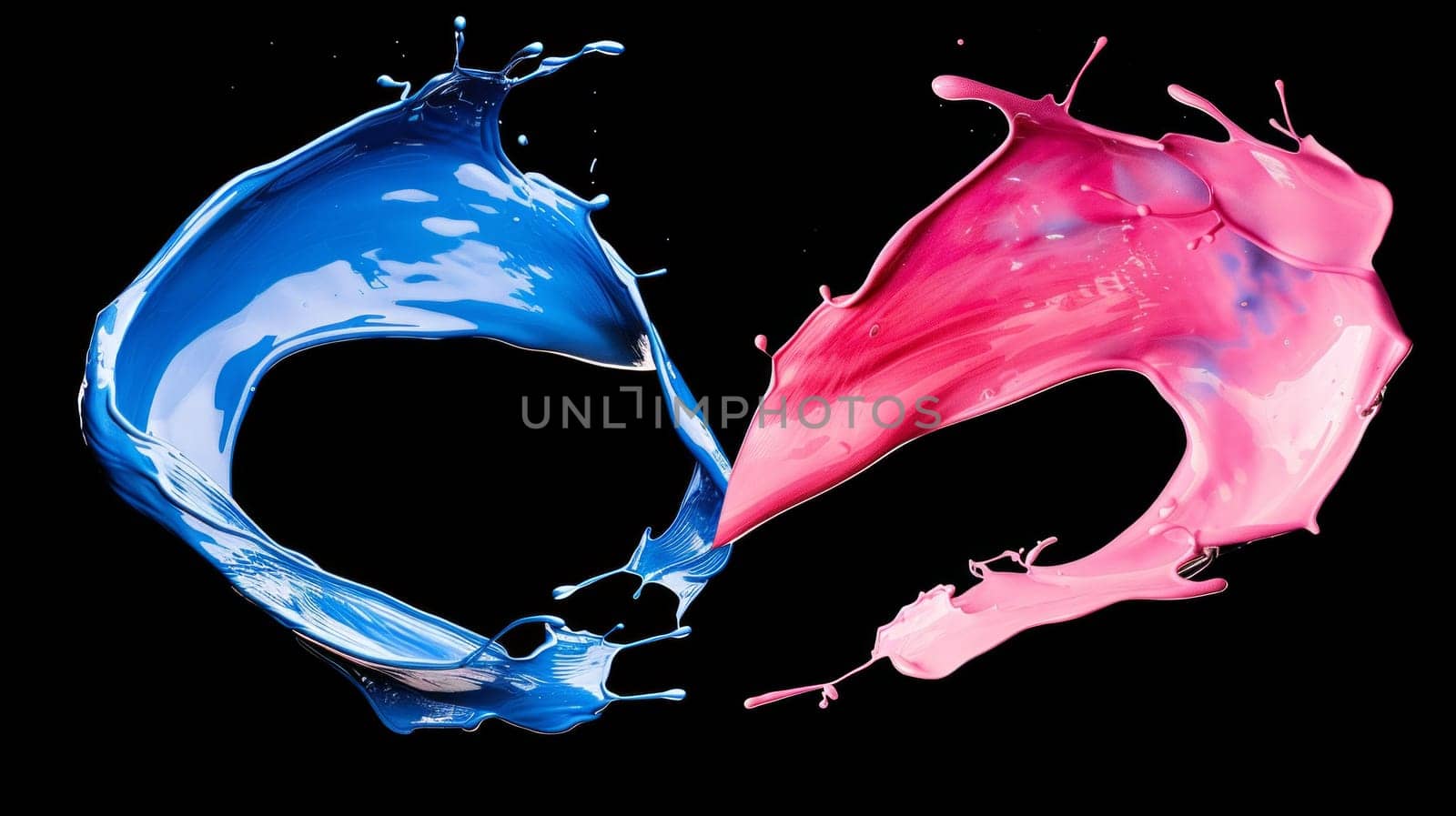 Two vibrant colored liquids collide, creating a mesmerizing splash, set against a deep black backdrop by but_photo