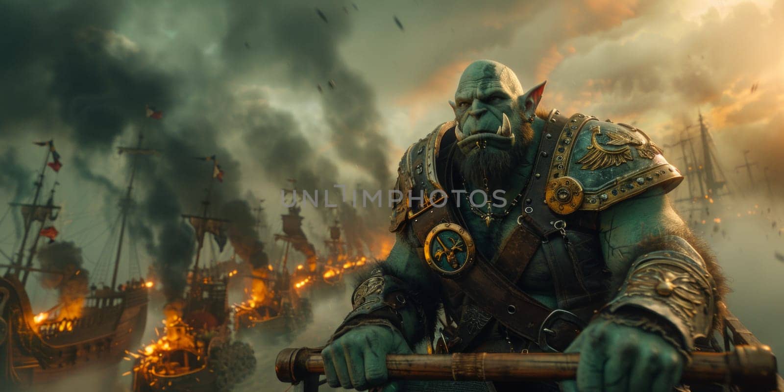 A brave man in armor stands tall, wielding a sword, in front of a vast flotilla of ships. As if protecting the fleet from an unseen threat, he exudes strength and determination by but_photo