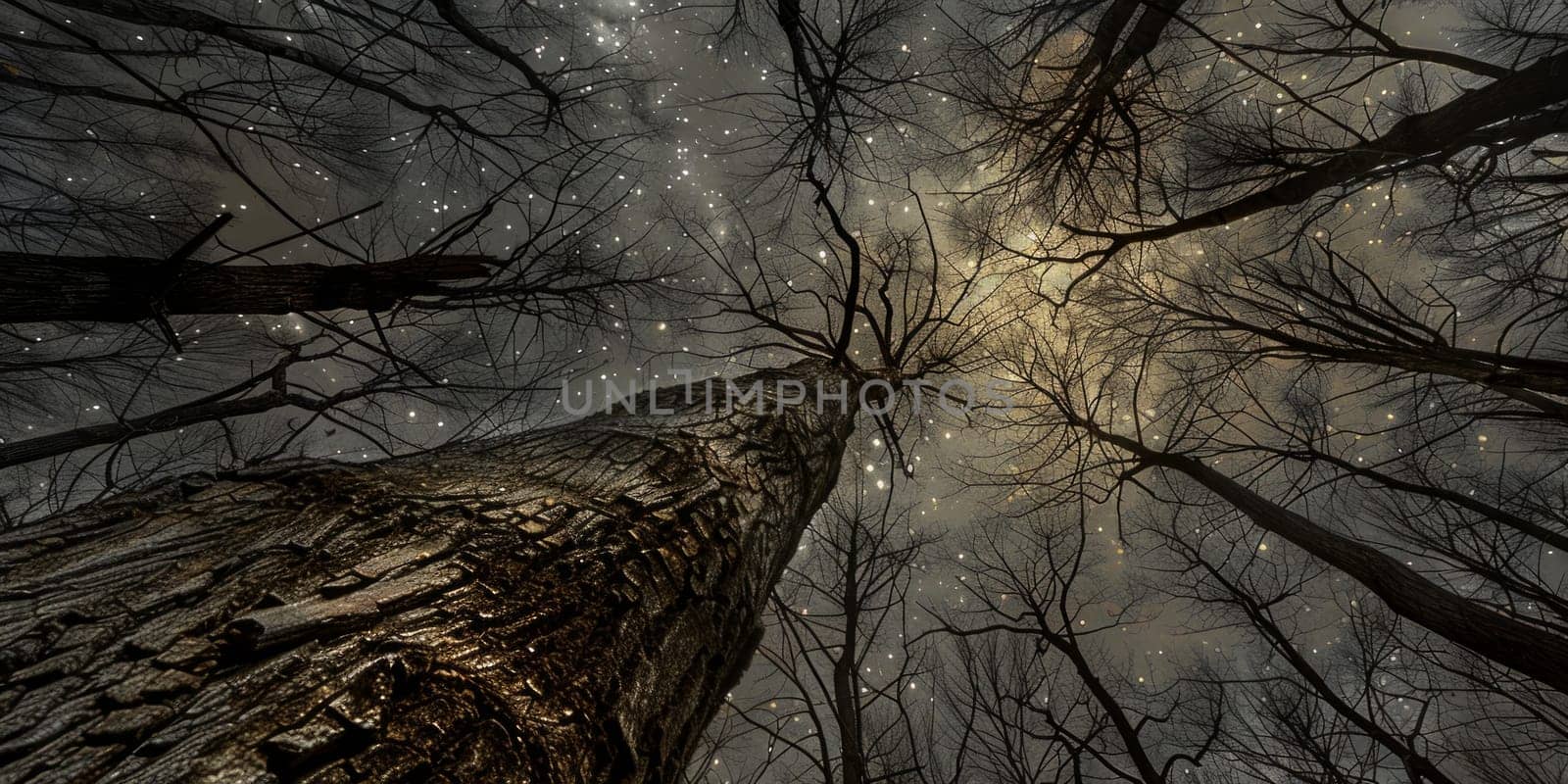 Gazing up at the shimmering stars twinkling in the vast night sky, the branches of a lone tree reach towards the heavens in silent wonder.