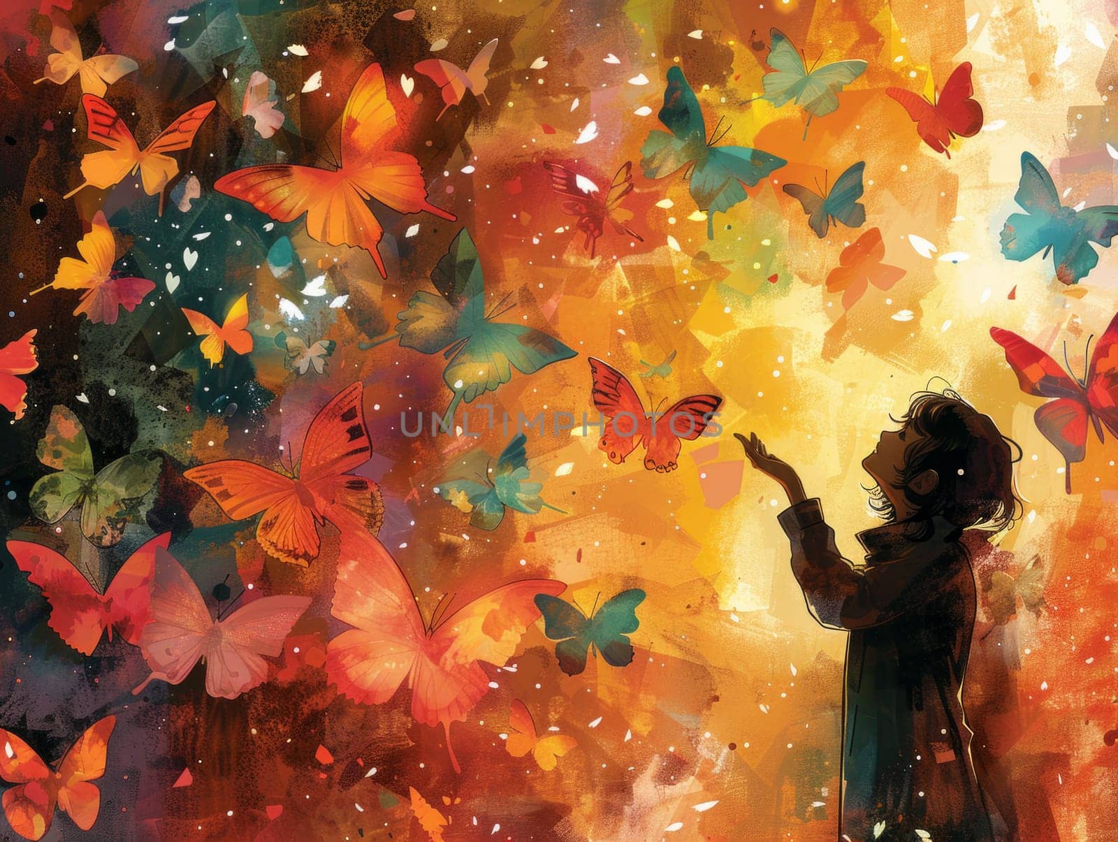A mesmerizing painting of a woman standing serenely amid a swarm of colorful butterflies, creating a dreamy and magical atmosphere by but_photo