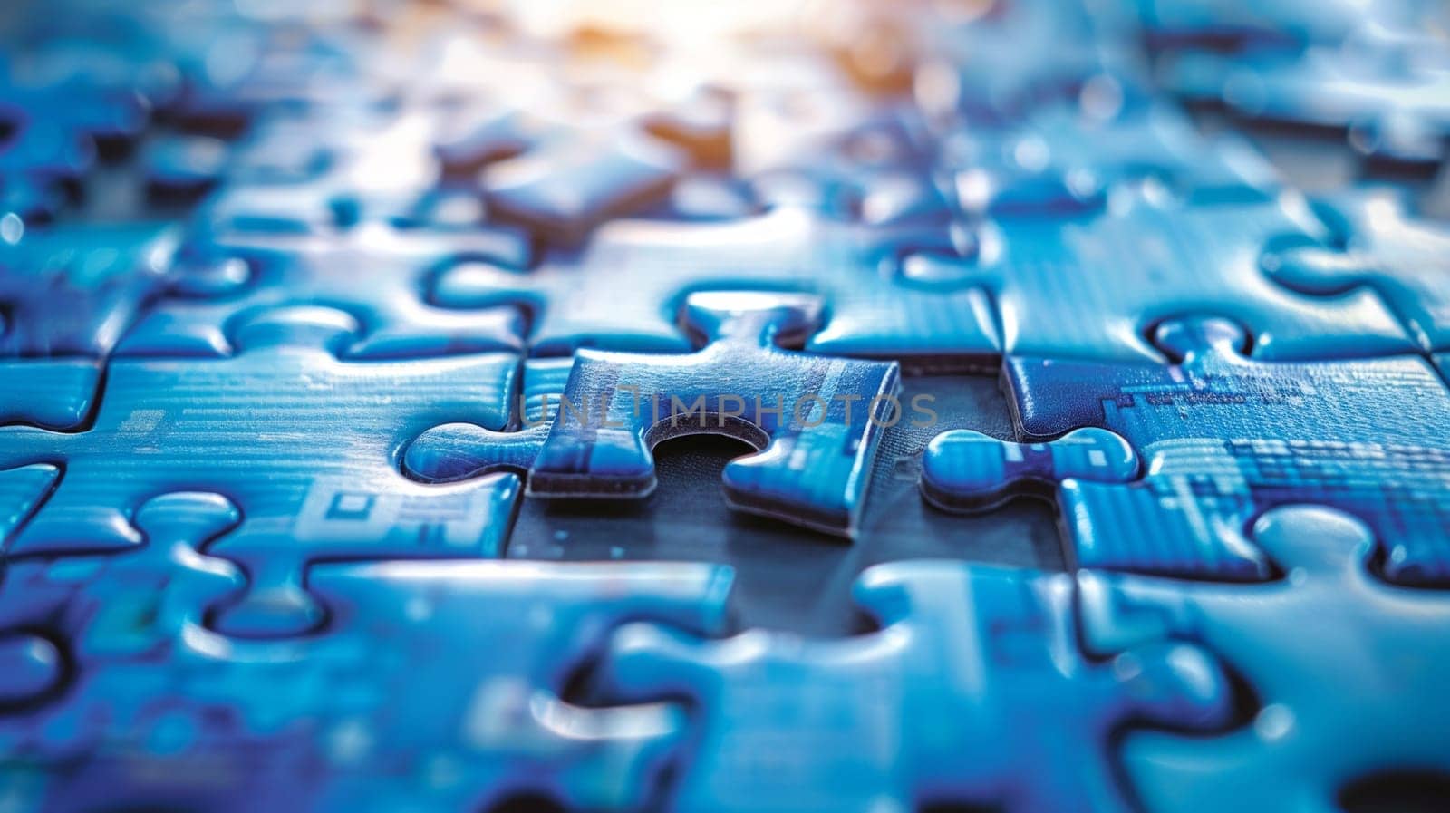 A detailed close-up of a single blue puzzle piece, showcasing intricate details and textures by but_photo