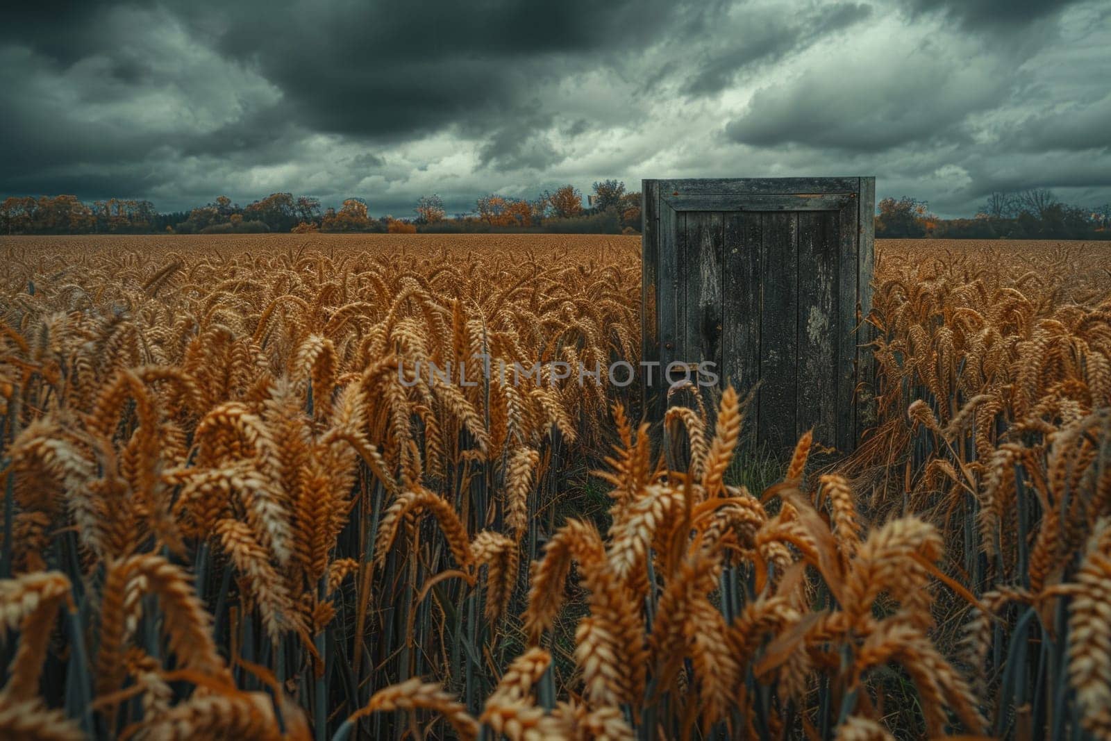 A rustic outhouse stands alone in a vast field of wheat, under a dramatic cloudy sky, embodying a sense of isolation and simplicity by but_photo