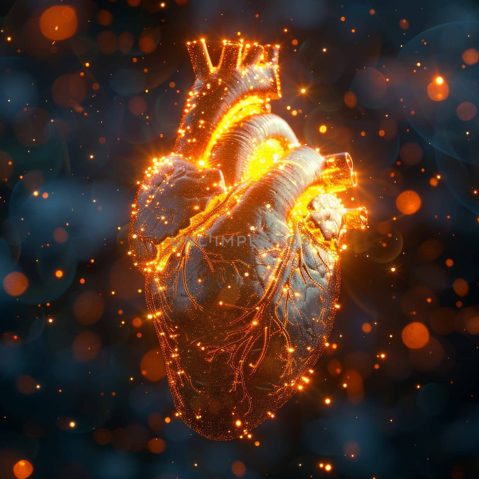 A mesmerizing computer-generated portrayal of a human heart, pulsating in radiant hues and intricate details by but_photo