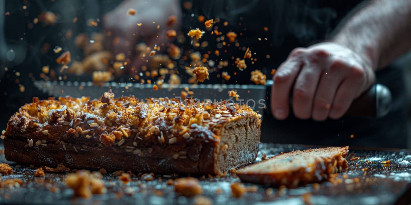 A skilled person delicately slices through a loaf of bread with a sharp knife, creating perfect slices for a meal or snack.