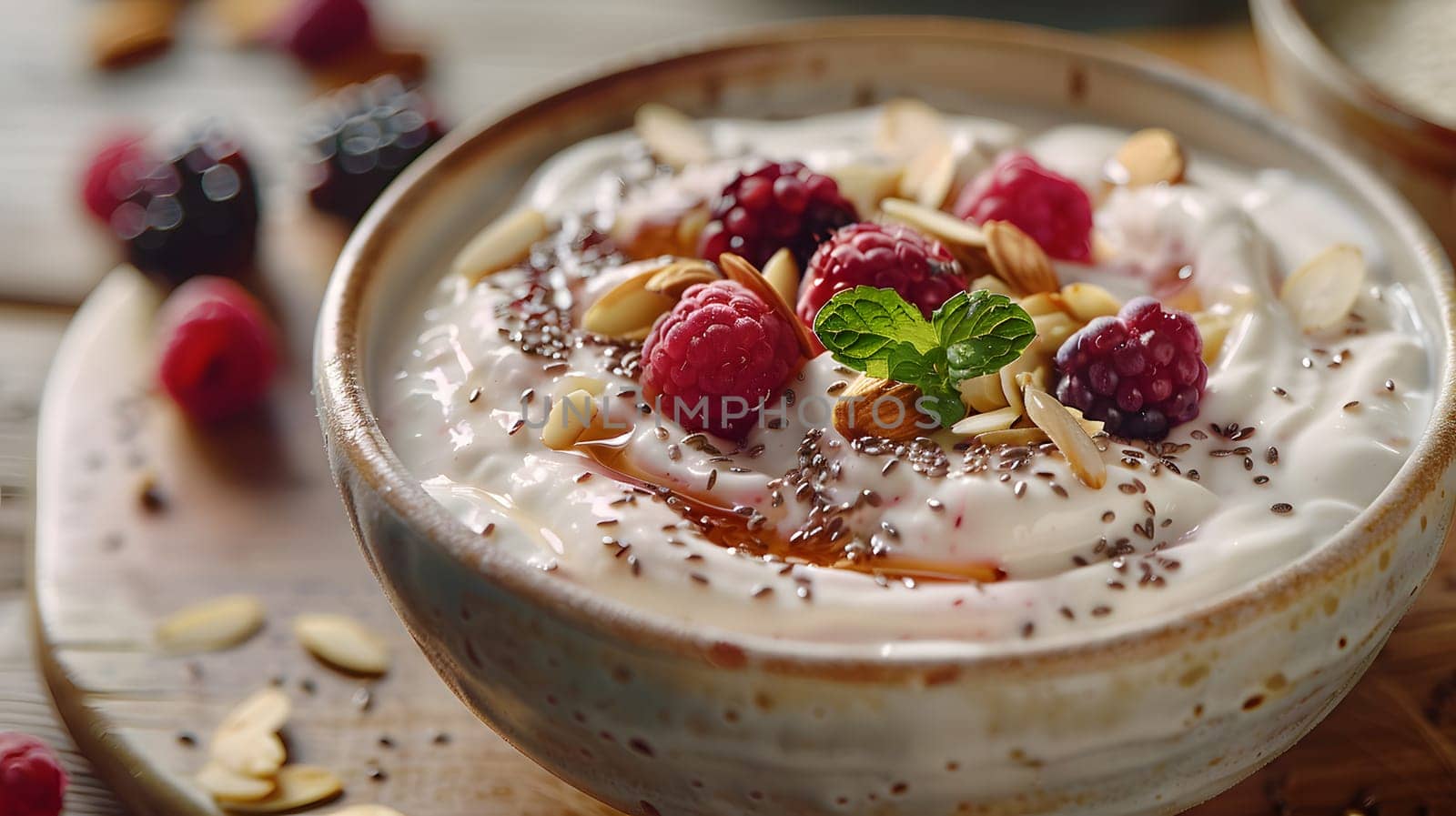 A delicious bowl of yogurt topped with raspberries and almonds by Nadtochiy