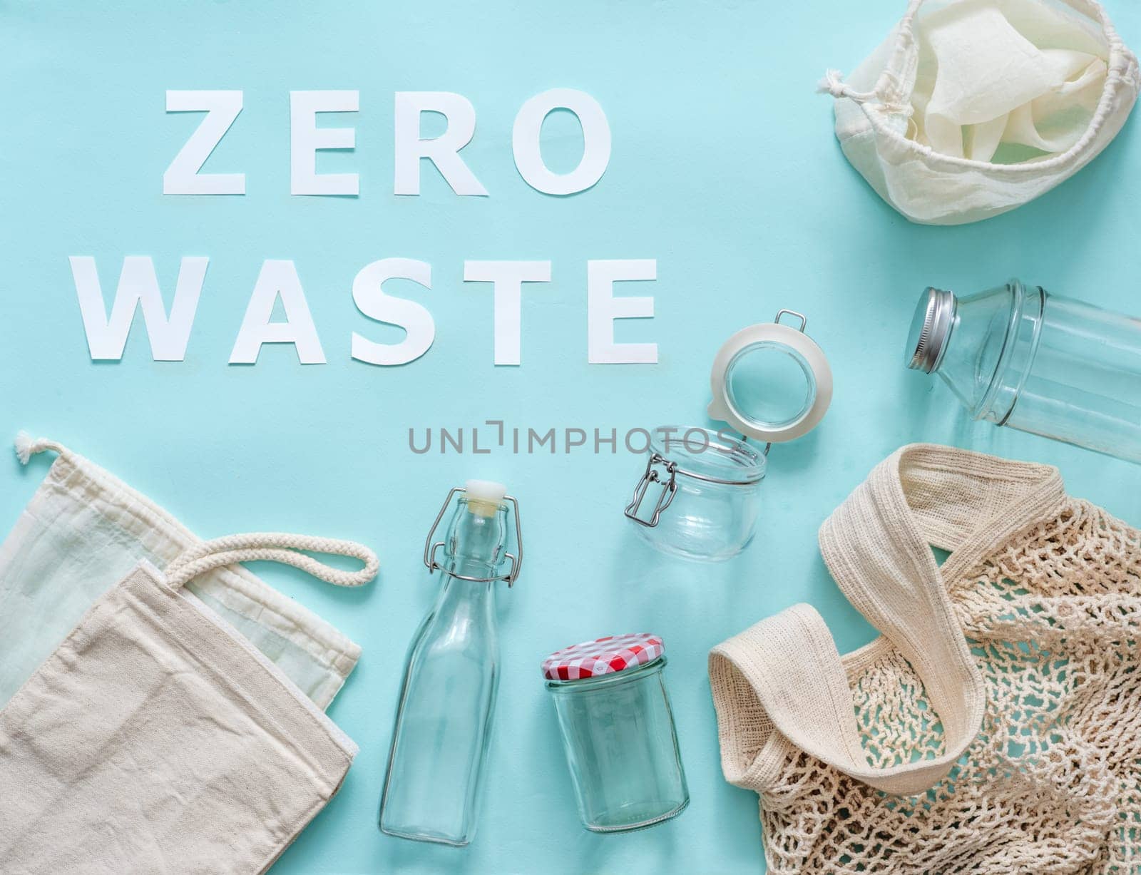 Zero waste paper text and eco bags, glass jars by fascinadora